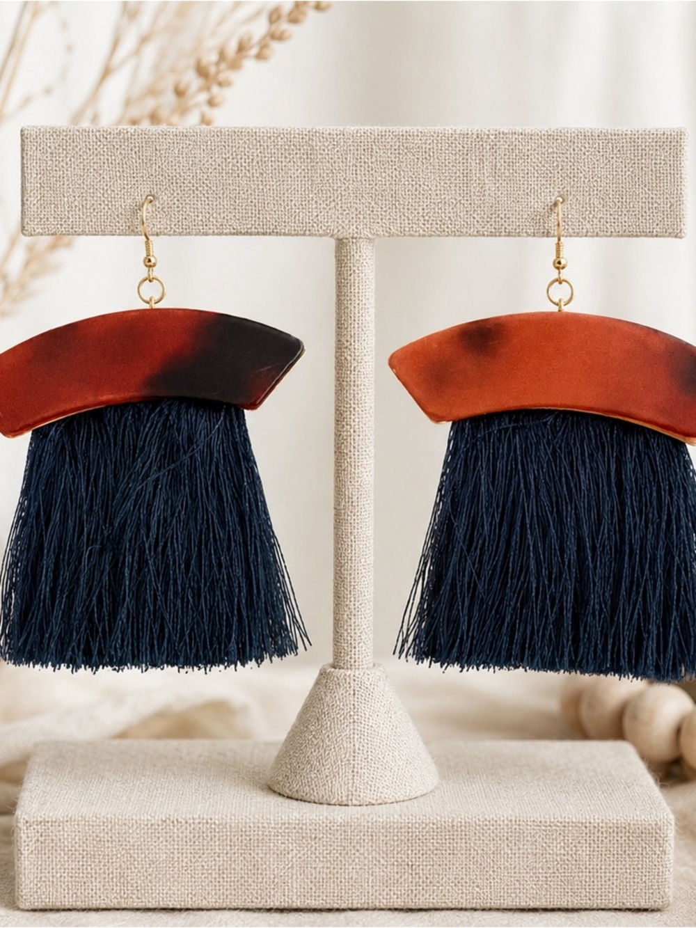 Zara Navy Fringe Earrings with Rust Arc Tops